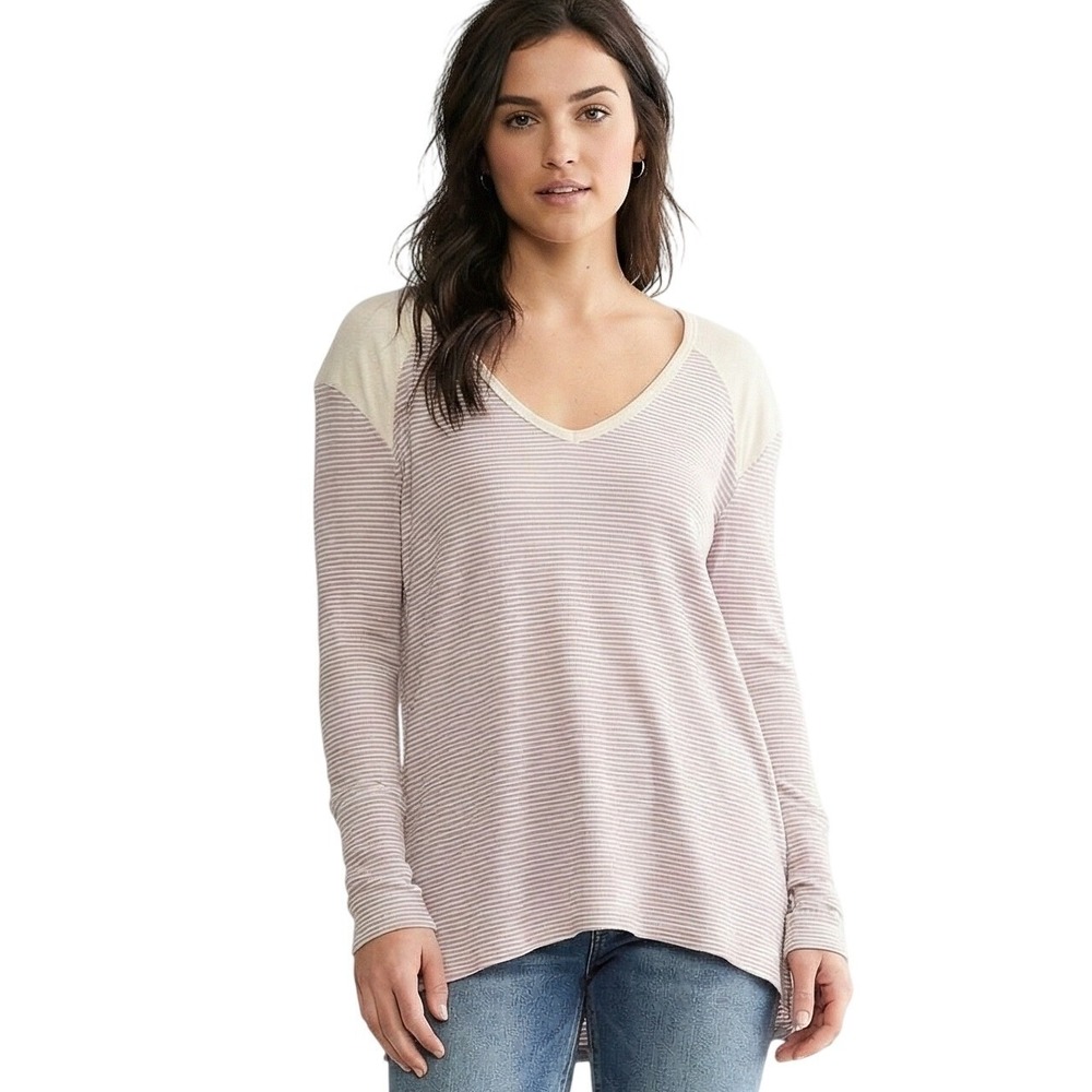 Rag Poets Striped Thermal Long Sleeve V Neck Top M L Beige Pink Casual Pullover